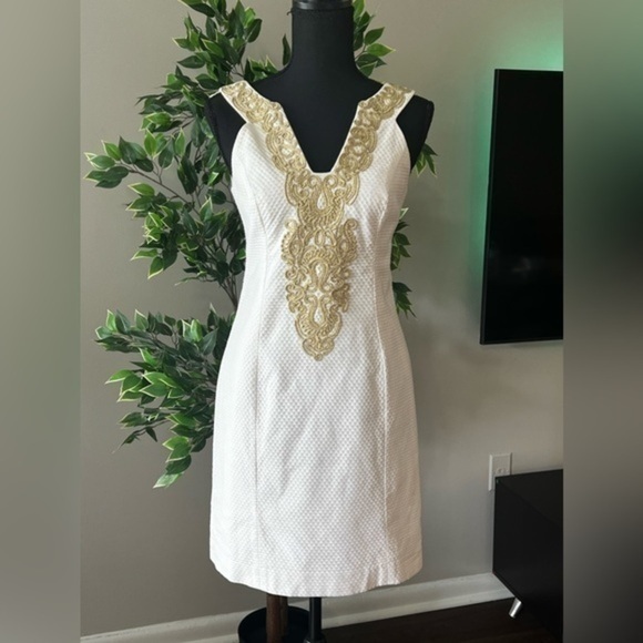 Lilly Pulitzer Suzette Shift Dress White Gold Braid Trim Knee Length Women's - Picture 1 of 7